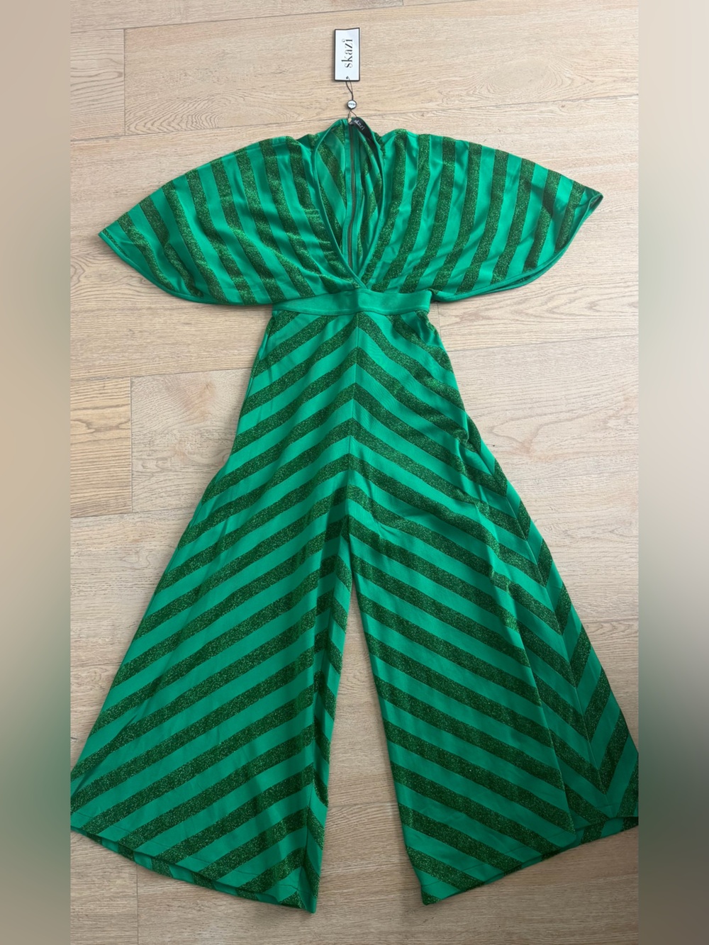 Skazi Green Striped Glitter Waistband Rompers